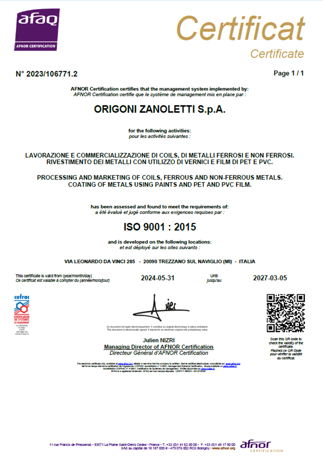 Certificato UNI EN ISO 9001:2015